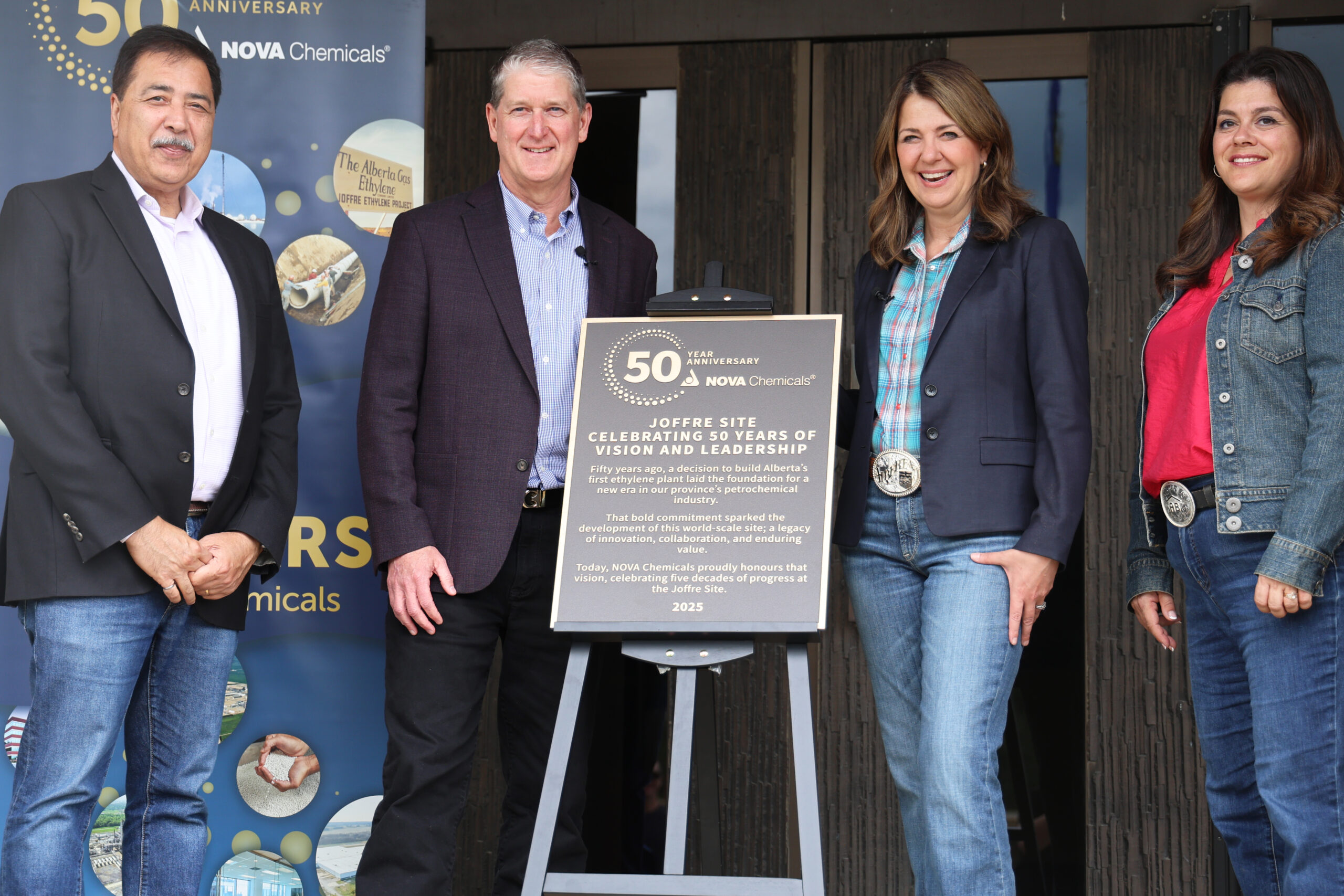 From left to right: Rocky Vermani, SVP, Innovation, Sustainability & Strategy, NOVA Chemicals; Roger Kearns, CEO, NOVA Chemicals; Hon. Danielle Smith, Premier of Alberta; and Jennifer Johnson, MLA for Lacombe-Ponoka